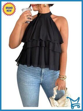 Plus Size Layered Ruffle Halter Tank Top Sleeveless Chiffon Going Out Top